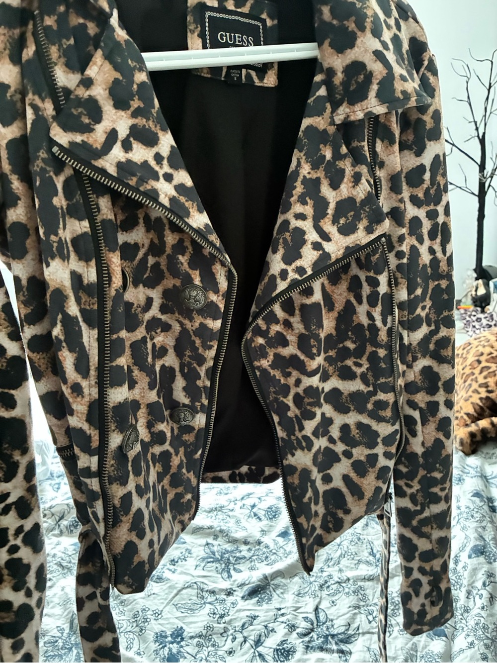 GUESS Leopard-Print Moto Jacket in Brown and Black